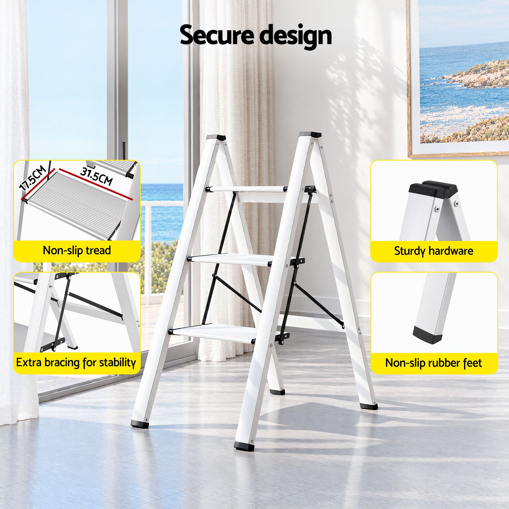 Giantz 3 Step Ladder Folding Aluminium Lightweight Step Stool Non-Slip 150kg
