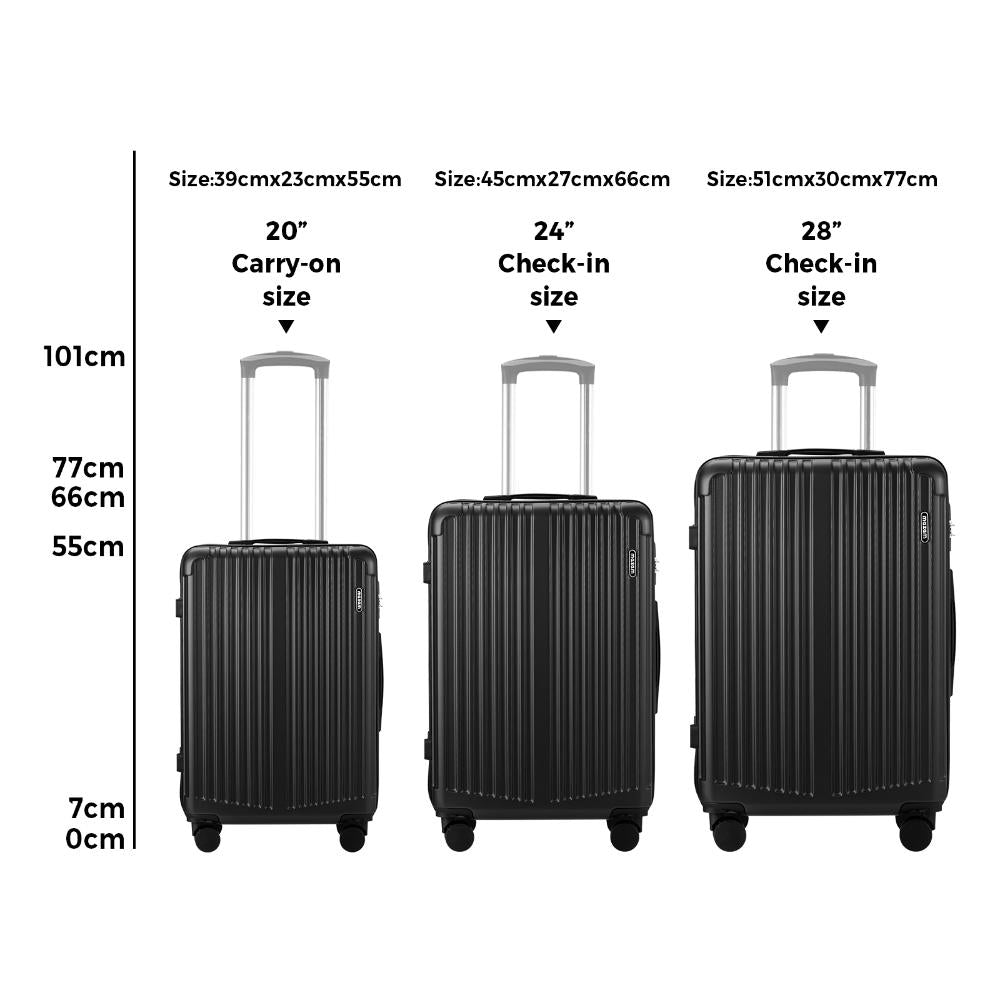 3PCS Luggage Set Travel TSA Lock ABS Case Black
