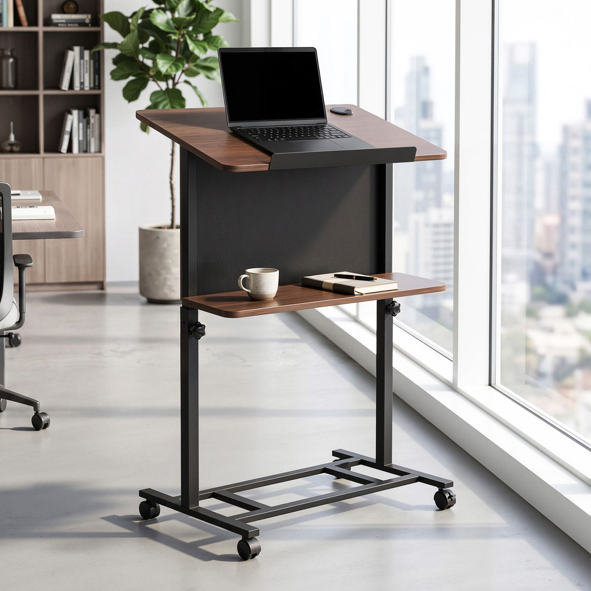 Mobile Lectern Podium Stand with Storage Shelf Height Adjustable Laptop Desk Black & Walnut