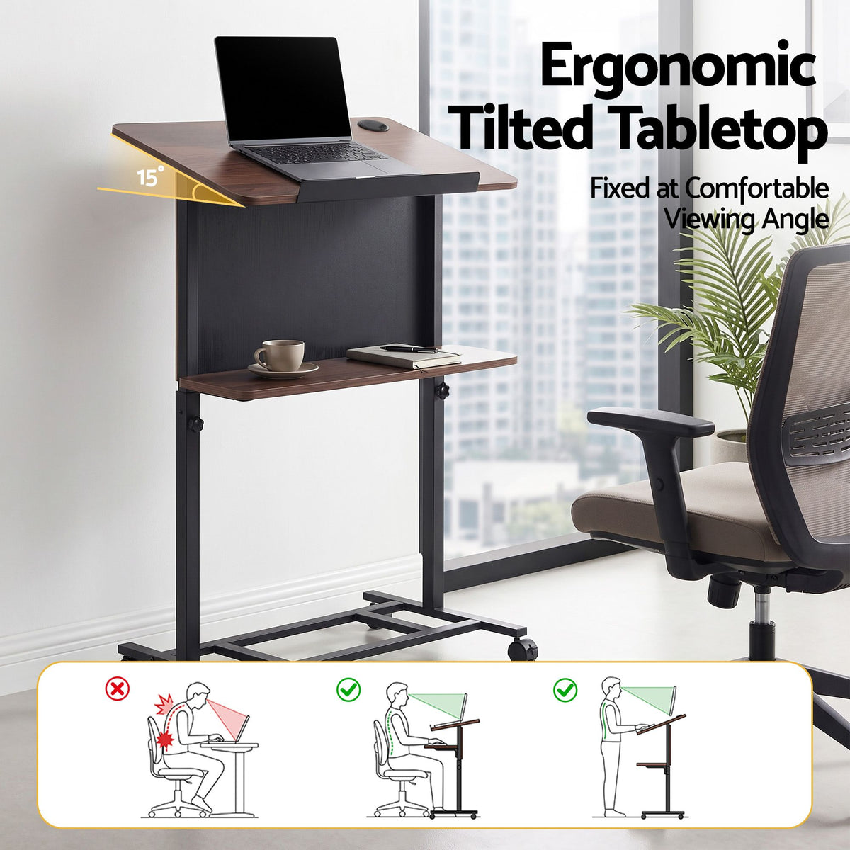 Mobile Lectern Podium Stand with Storage Shelf Height Adjustable Laptop Desk Black & Walnut