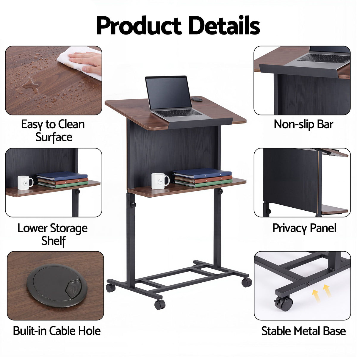 Mobile Lectern Podium Stand with Storage Shelf Height Adjustable Laptop Desk Black & Walnut