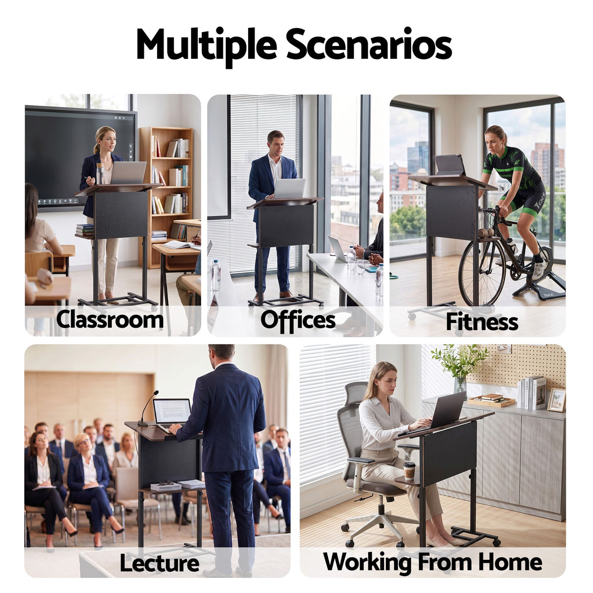 Mobile Lectern Podium Stand with Storage Shelf Height Adjustable Laptop Desk Black & Walnut