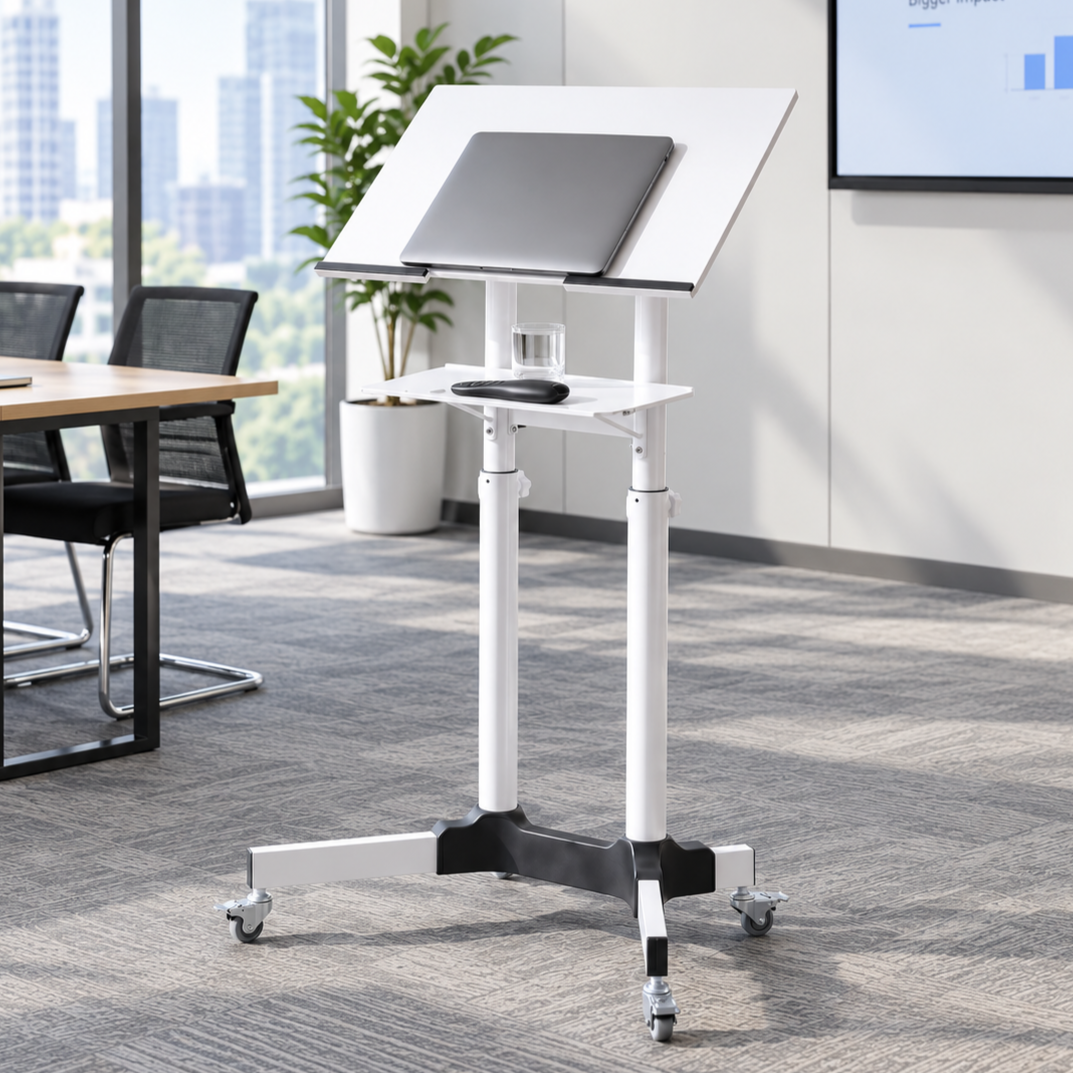 Mobile Lectern Stand Adjustable Sit-to-Stand Podium with Wheels in White