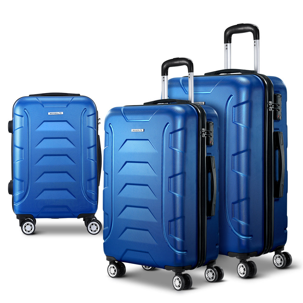 3pc Luggage Trolley Travel Suitcase Set TSA Hard Shell Case Strap Blue