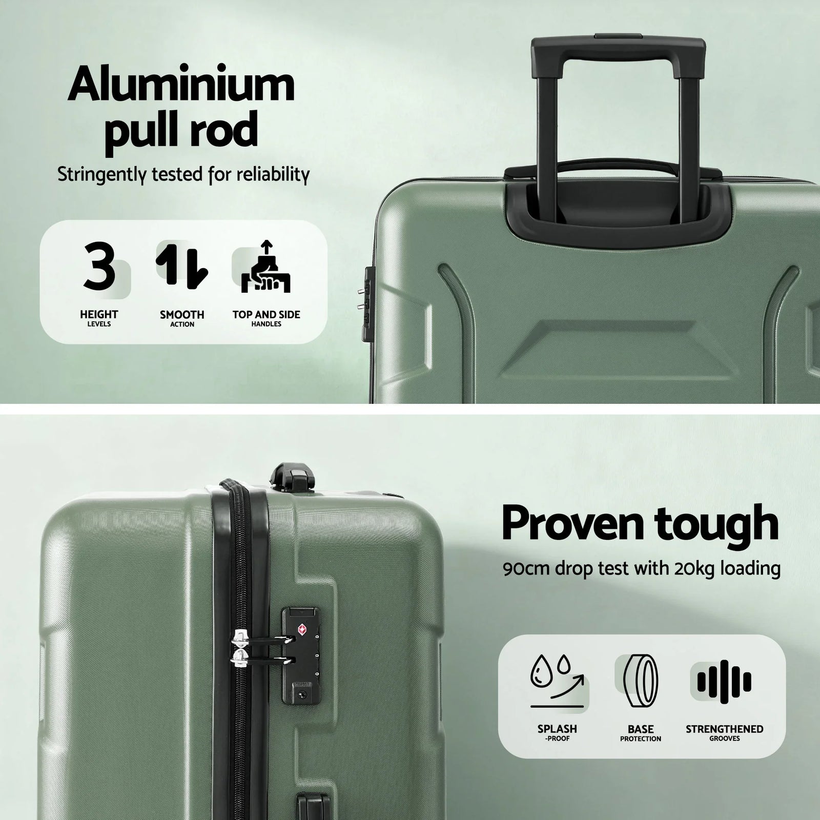 3pcs Luggage Suitcase Set Trolley Travel TSA Lightweight Hard Case Grey Green