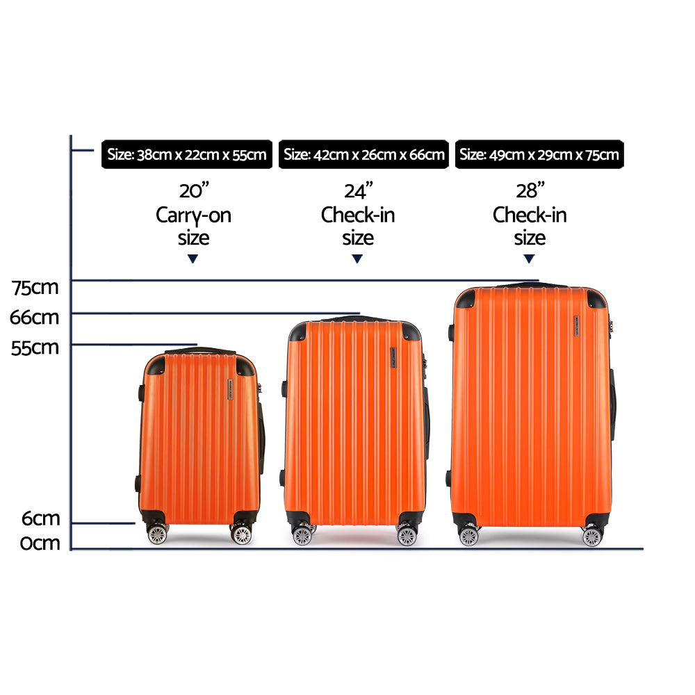 3pc Luggage Trolley Travel Set Suitcase Carry On TSA Lock Hard Case Lightweight Orange