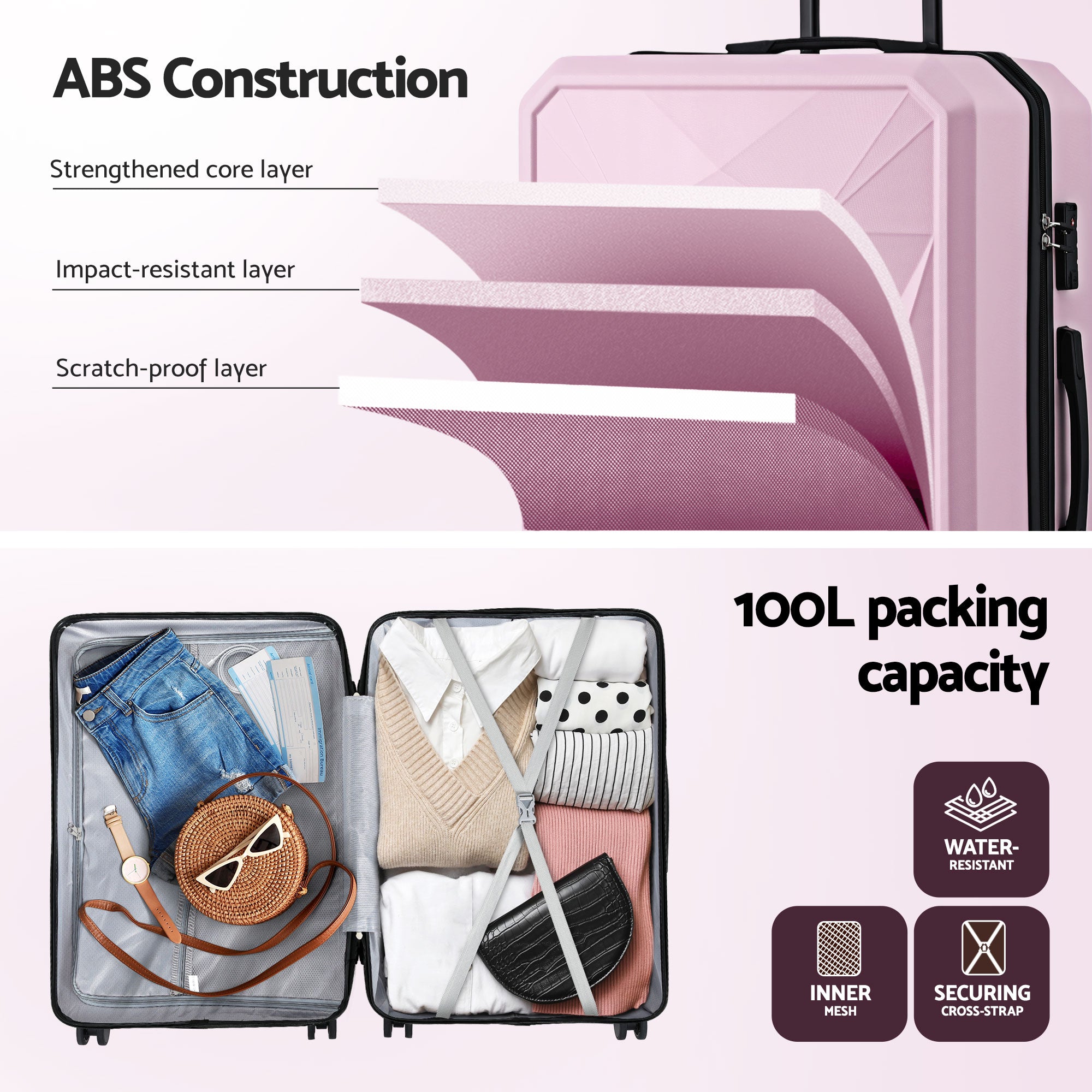 28" Luggage Suitcase Trolley Travel Lightweight TSA Hardshell Pink