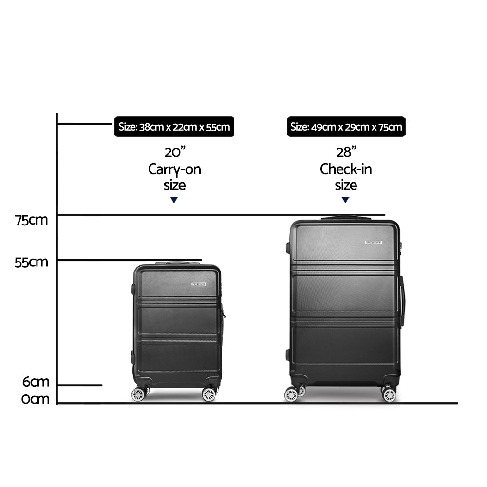 2pc Luggage Trolley Set Suitcase Travel TSA Carry On Hard Case Lightweight Black