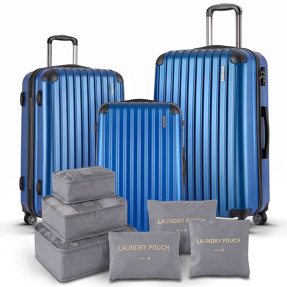 3pcs LuggageTrolley Set Travel Suitcase Storage Organiser Carry On Hard Case TSA Lightweight Blue