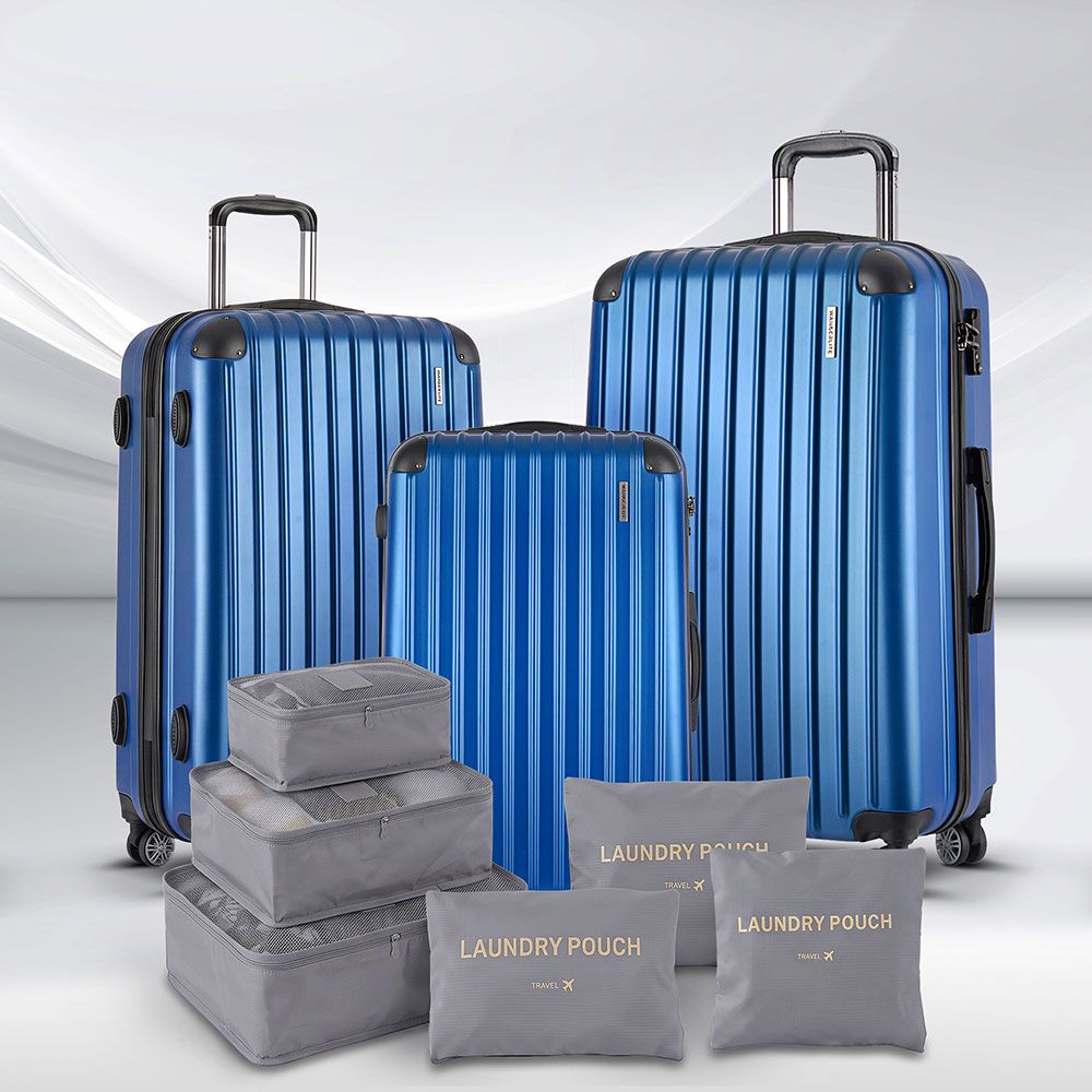3pcs LuggageTrolley Set Travel Suitcase Storage Organiser Carry On Hard Case TSA Lightweight Blue