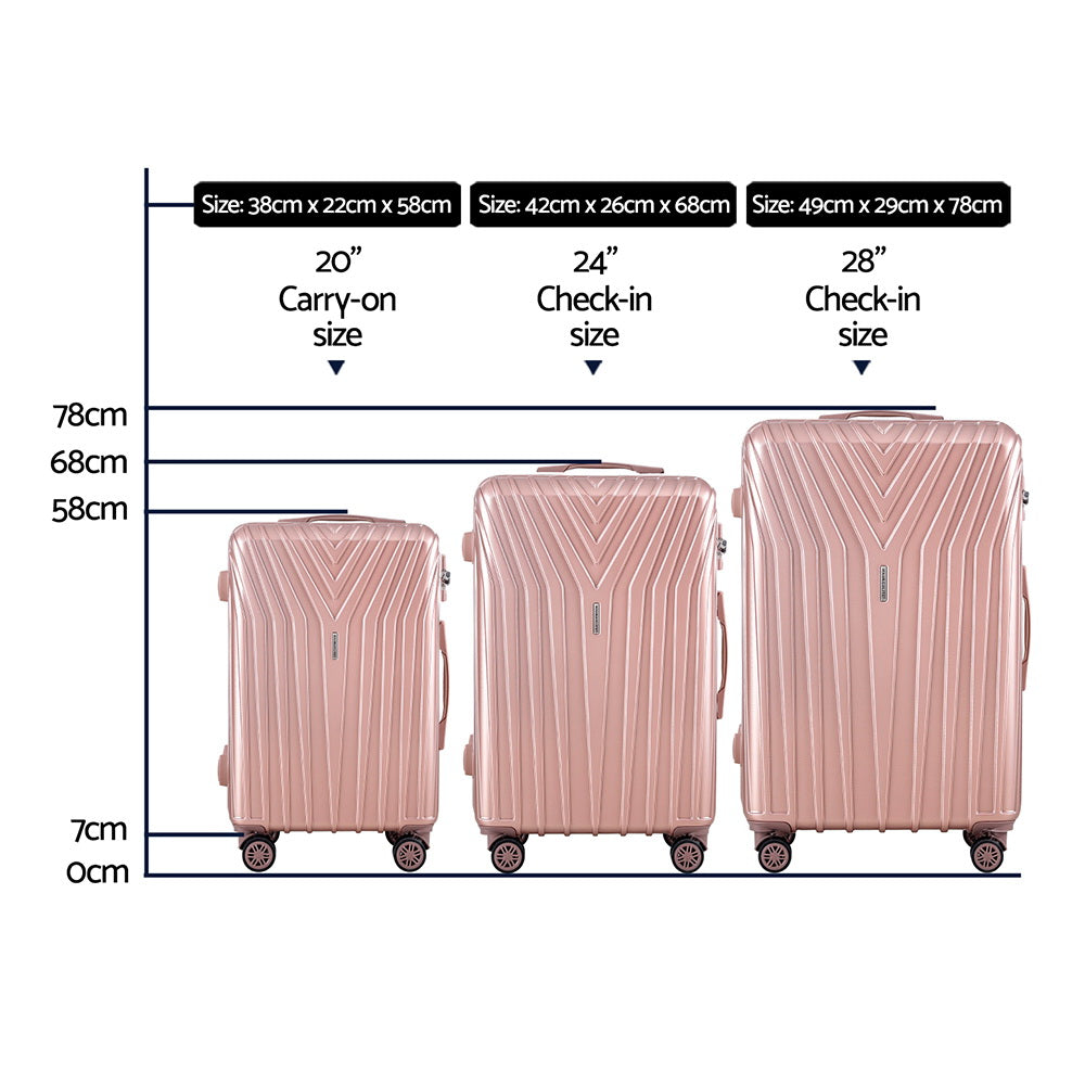 3pc Luggage Trolley Set Suitcase Travel TSA Hard Case Carry On Pink Lightweight