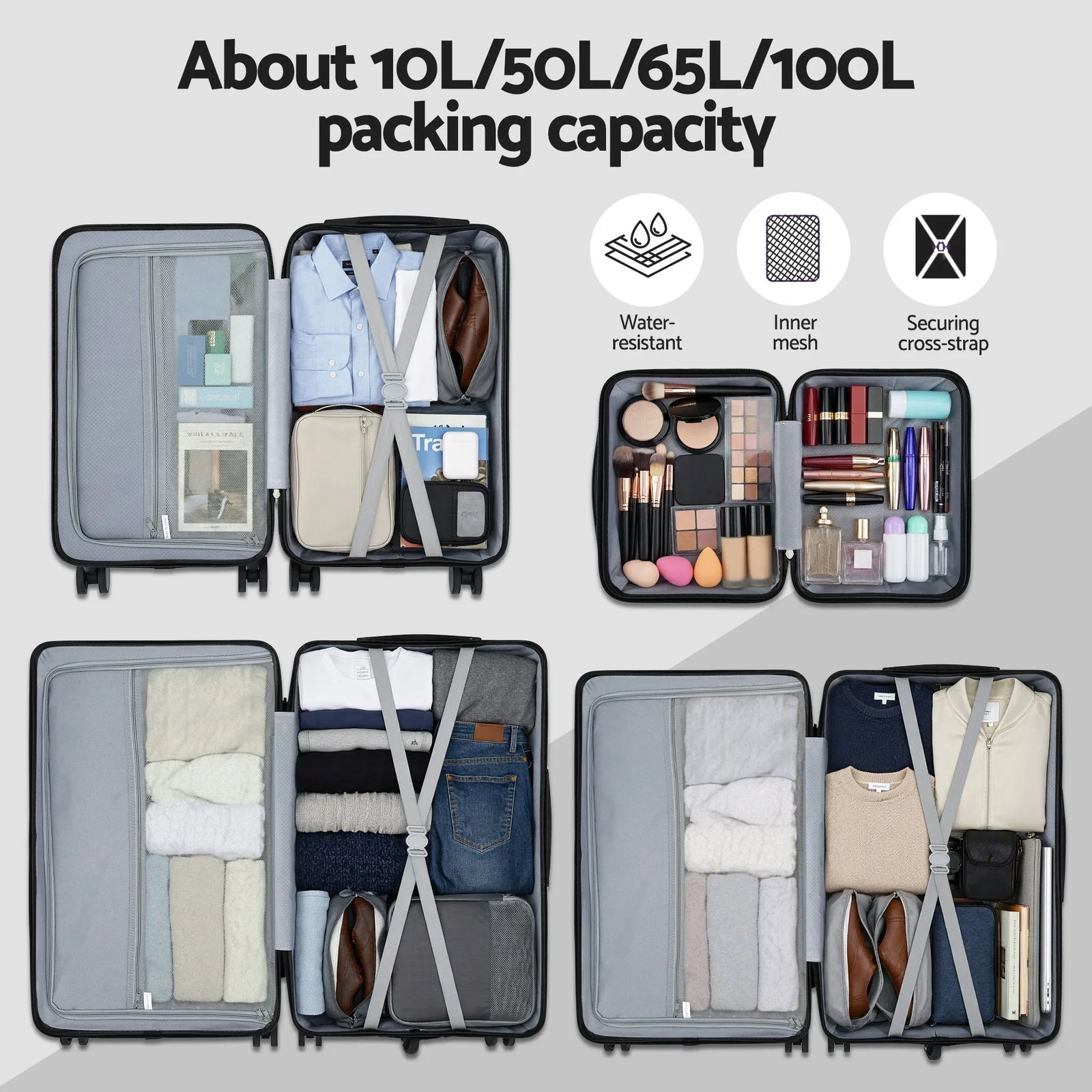 4pcs Trunk Luggage Suitcase Set Travel Carry On TSA Lock Black