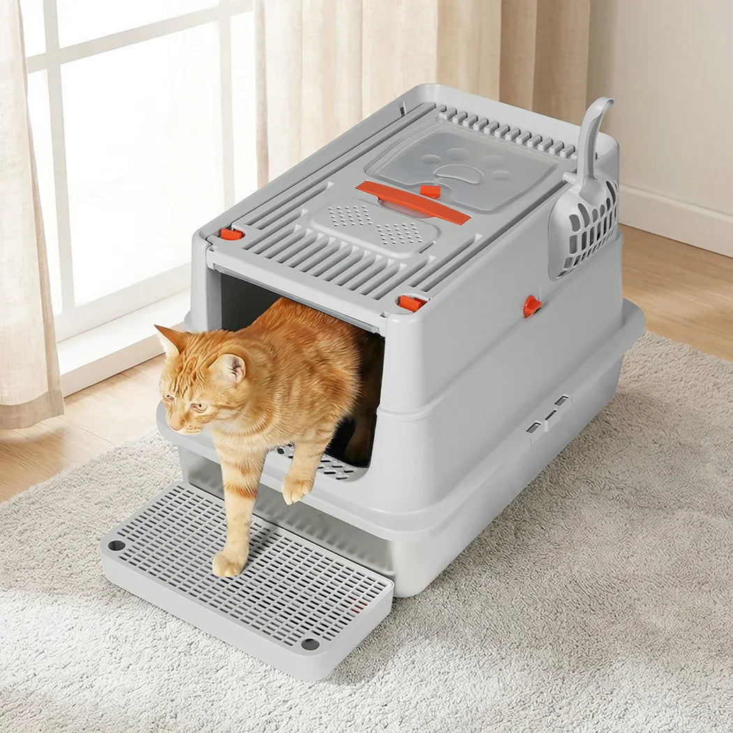 Pawz Stainless Steel Cats Litter Box Hooded High Enclosed Large Kitty Toilet-2050056767643193350
