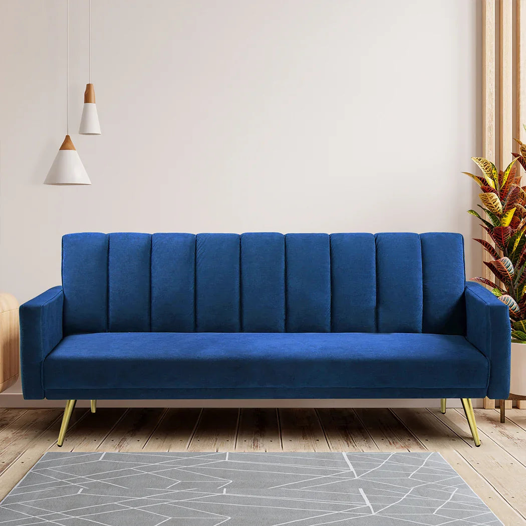 Levede Sofa Bed Convertible Velvet Lounge Recliner Couch Sleeper 3 Seater Blue-2006732804825681926