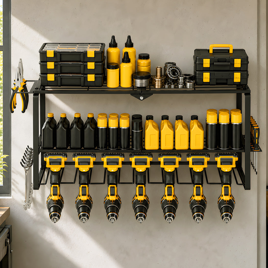 Levede Garage Storage Organiser 3 Tier Wall Mounted Power Tool Rack Metal Black-2109799601446522887
