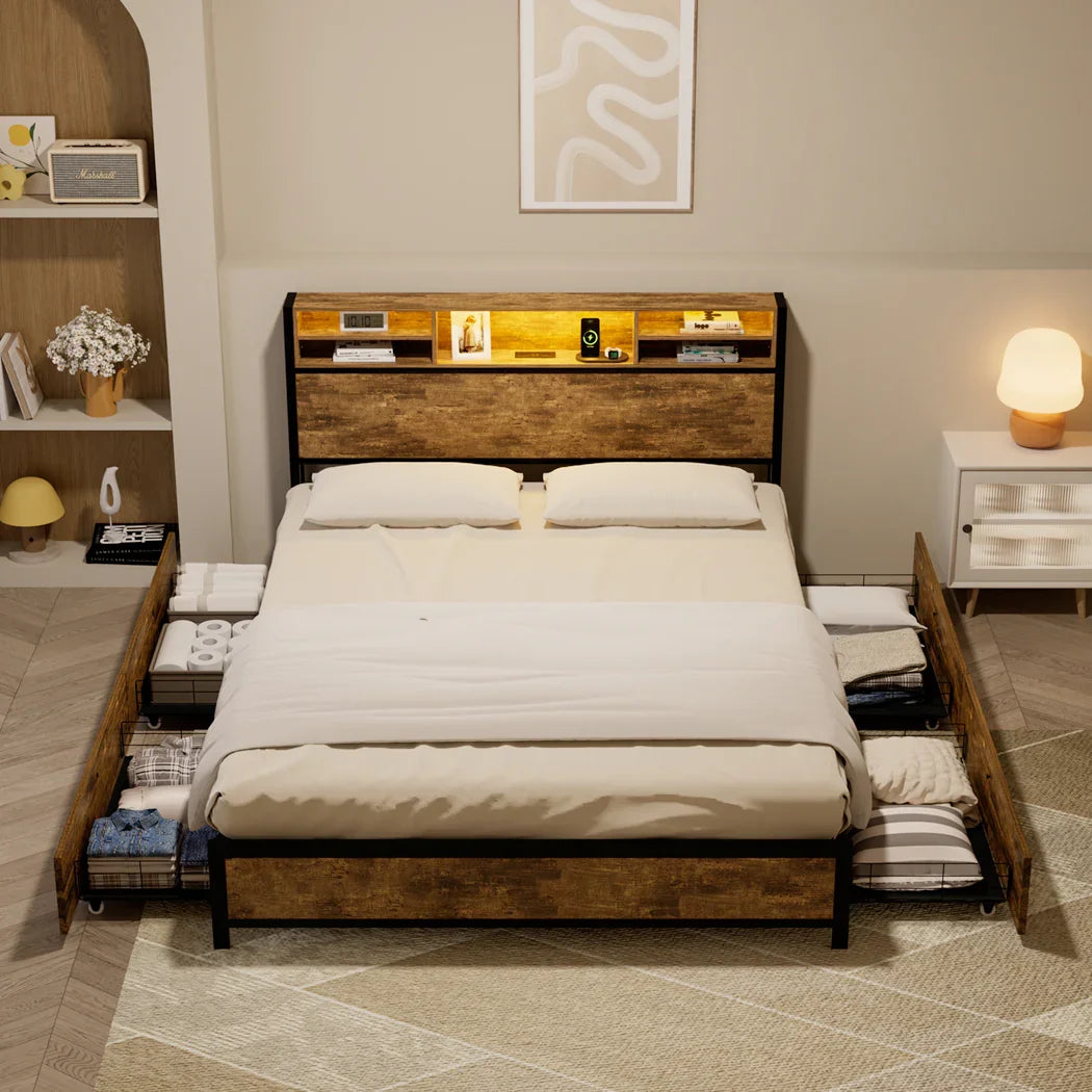Levede King Bed Frame Industrial Storage LED Charing-2050056748445863942