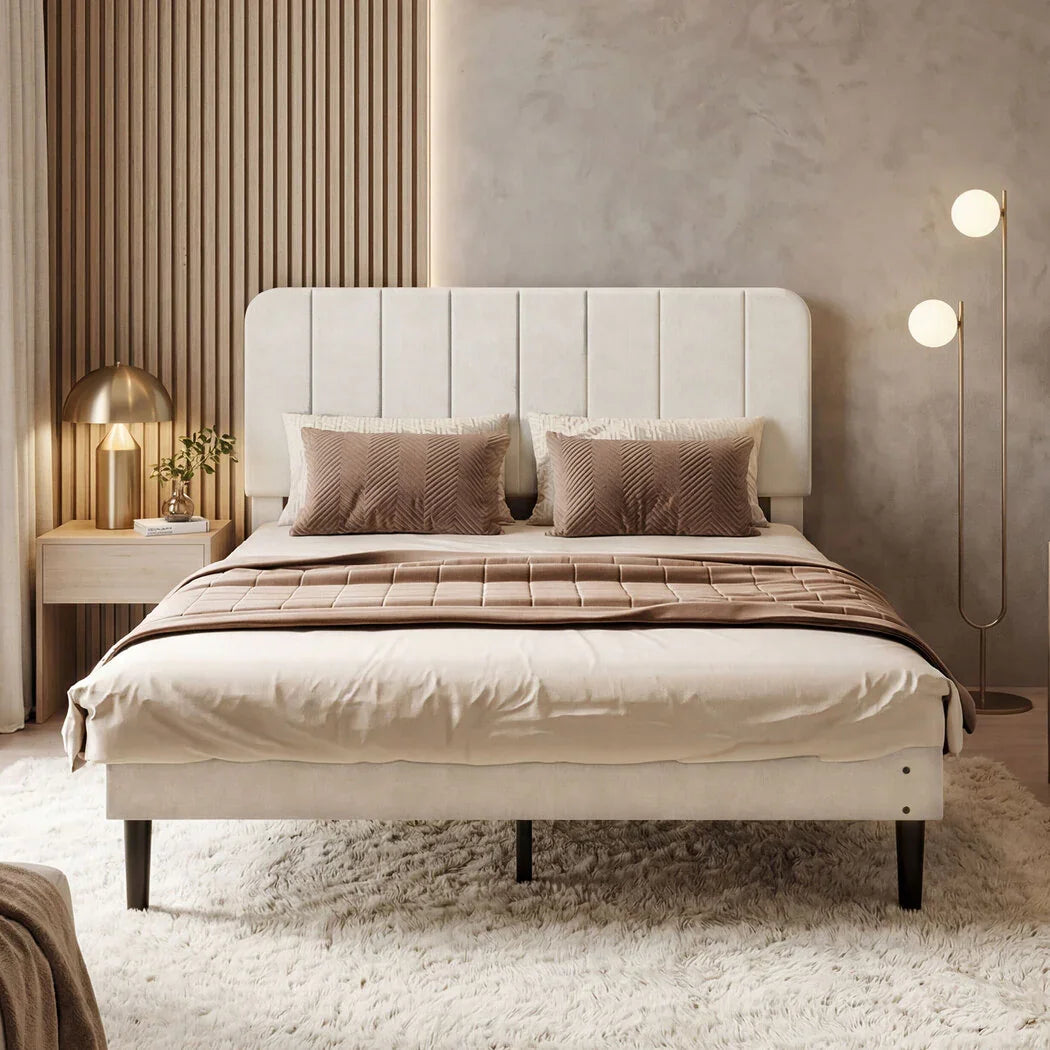Levede Double Bed Frame Upholstered Adjustable Headboard Bed Platform White-2050056771384512518