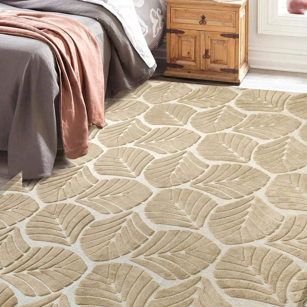 Marlow Floor Rug Soft Embossed Carpet Non Slip Plush Shaggy Rugs Leaf Pattern-2029387196552843270
