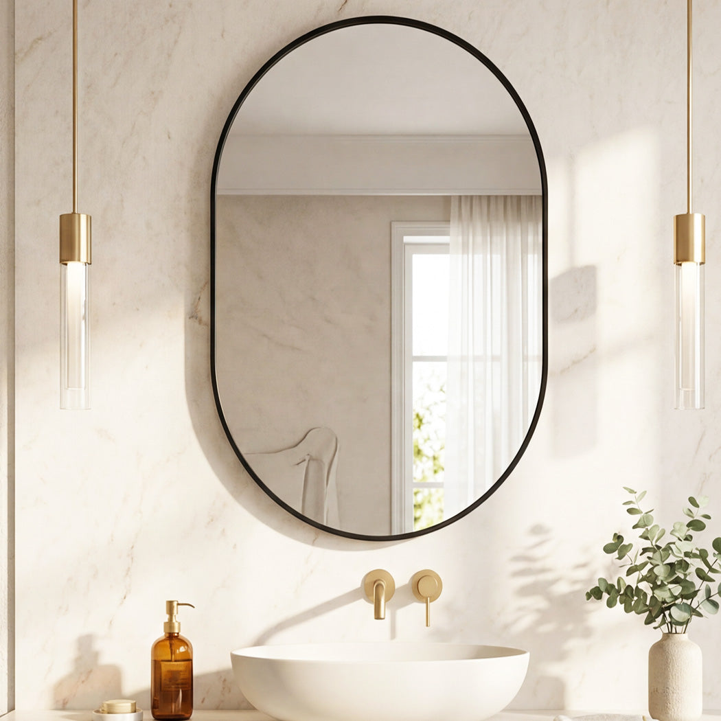 Yezi Oval Wall Mirror 70x50cm Black Frame Bathroom Wall Mounted Vanity Mirror-2050059009389629446