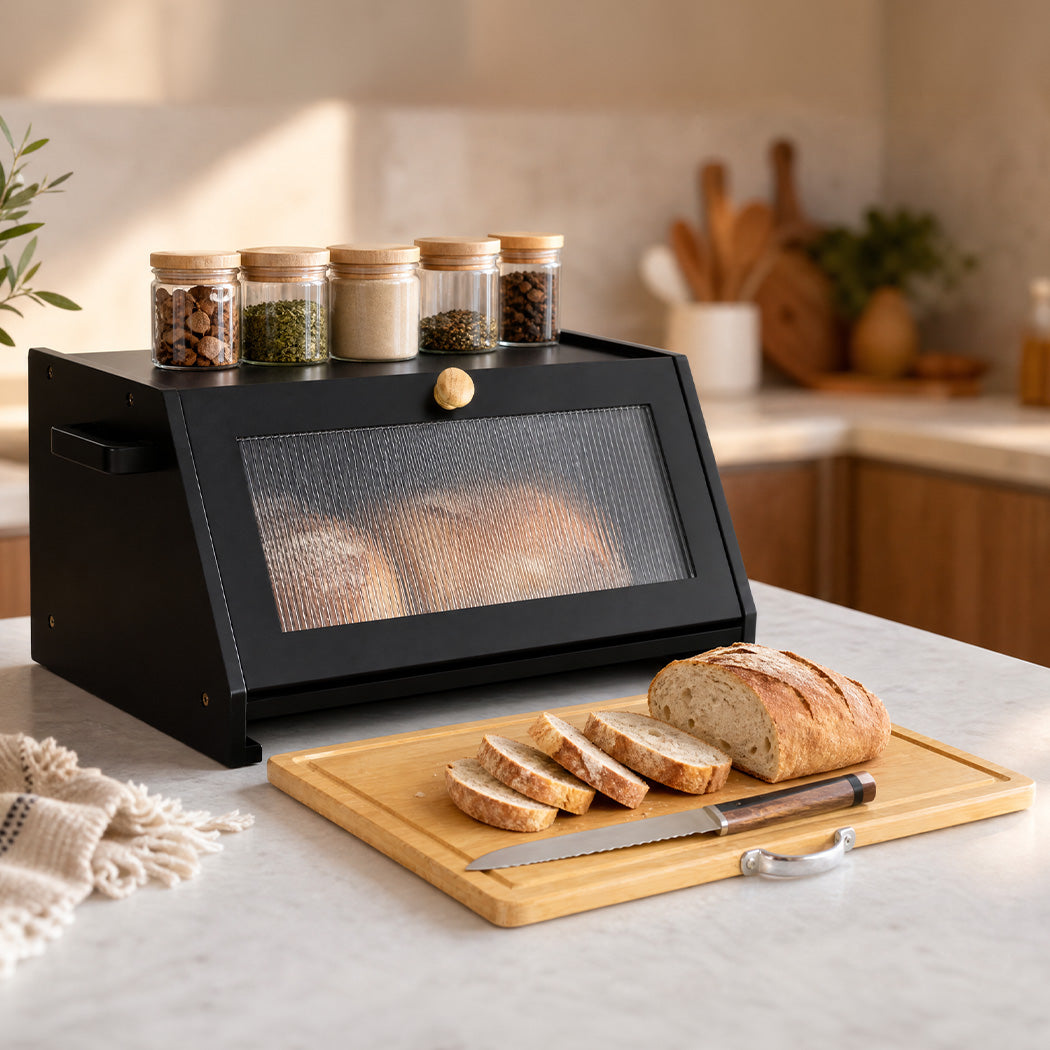 Toque Bread Box Bamboo Bread Storage Container with Cutting Board Black-2072893581194039302