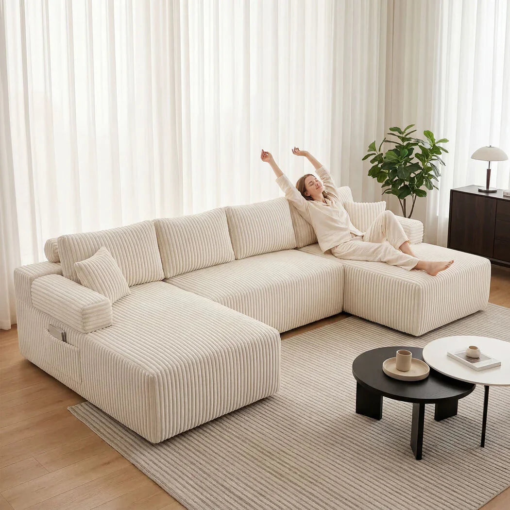 Levede Modular Sofa Lounge Set Corduroy U Shaped Sectional Cloud Couch Beige-2050056788379832326