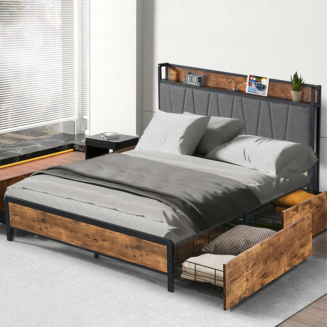 Levede Queen Bed Frame Soft Storage Drawers Headboard USB Charge-2029387280409563142