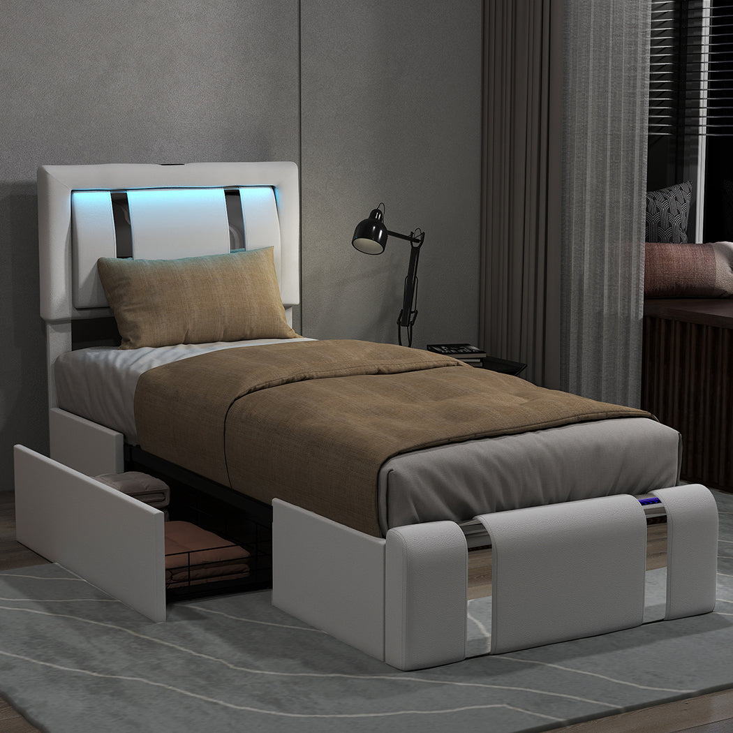 Levede Single Bed Frame Leather Headboard RGB 2 Drawers-1996009957413228550