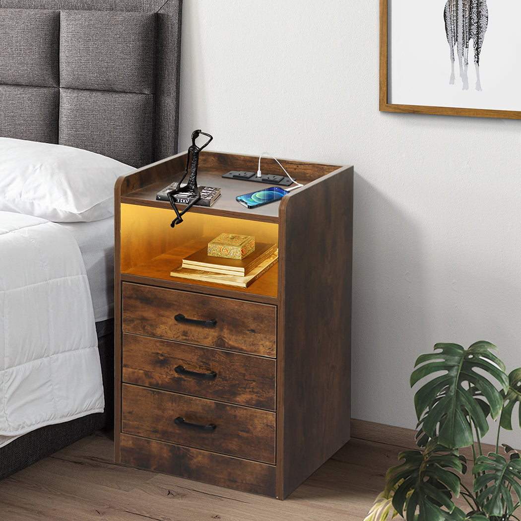 Levede Bedside Table USB Charger Outlet LED Oak