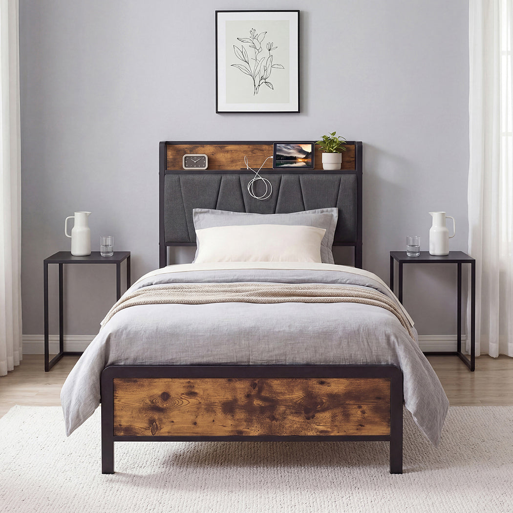 Levede Single Bed Frame Industrial Tufted Soft Storage Headboard USB Charge-2100034936651255814