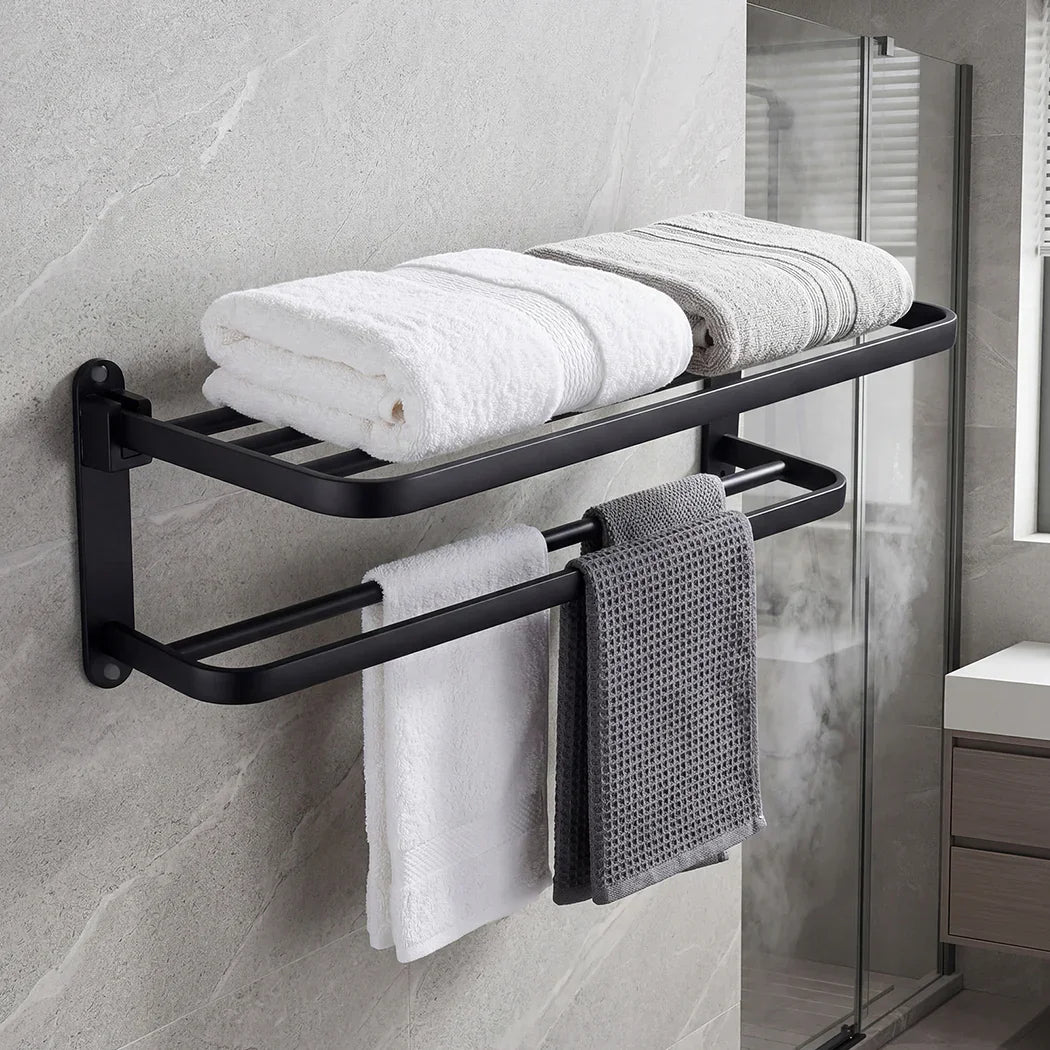 Levede Towel Rack Bathroom 2 Bars Rail Holder Wall Mounted Storage Shelf Black-2050059022438109190