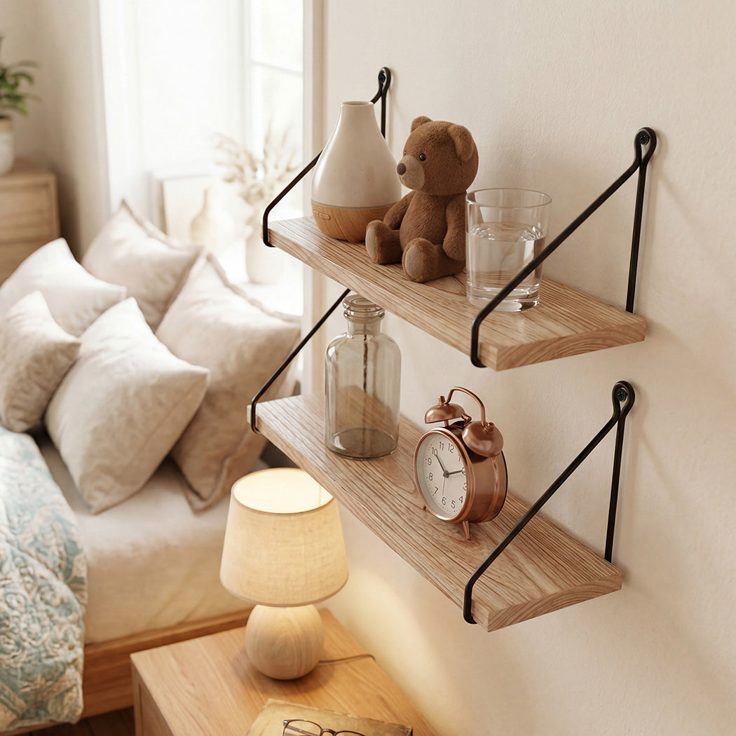 Levede Floating Wall Mounted Shelves Rustic 2Pcs Storage Display Bedroom Kitchen-2050059024308768774