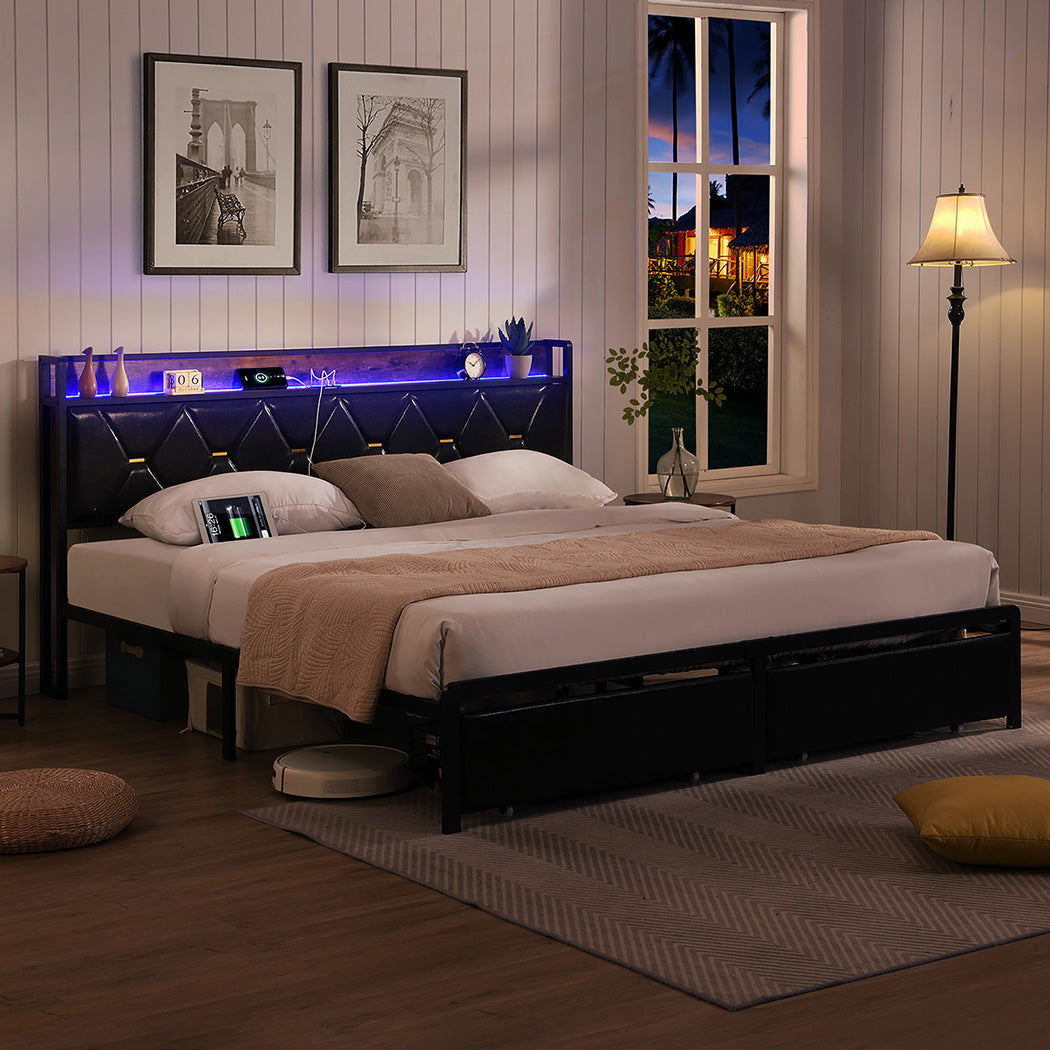 Levede Double Metal Bed Frame LED Lights 2 Drawers