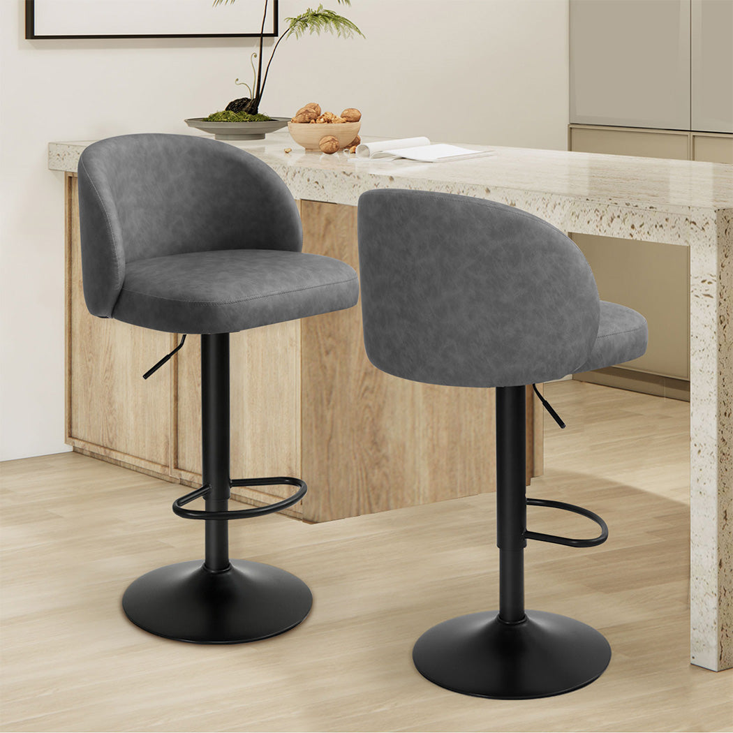 2x Bar Stools Gas Lift PU Leather Footrest Swivel Adjustable Kitchen Grey