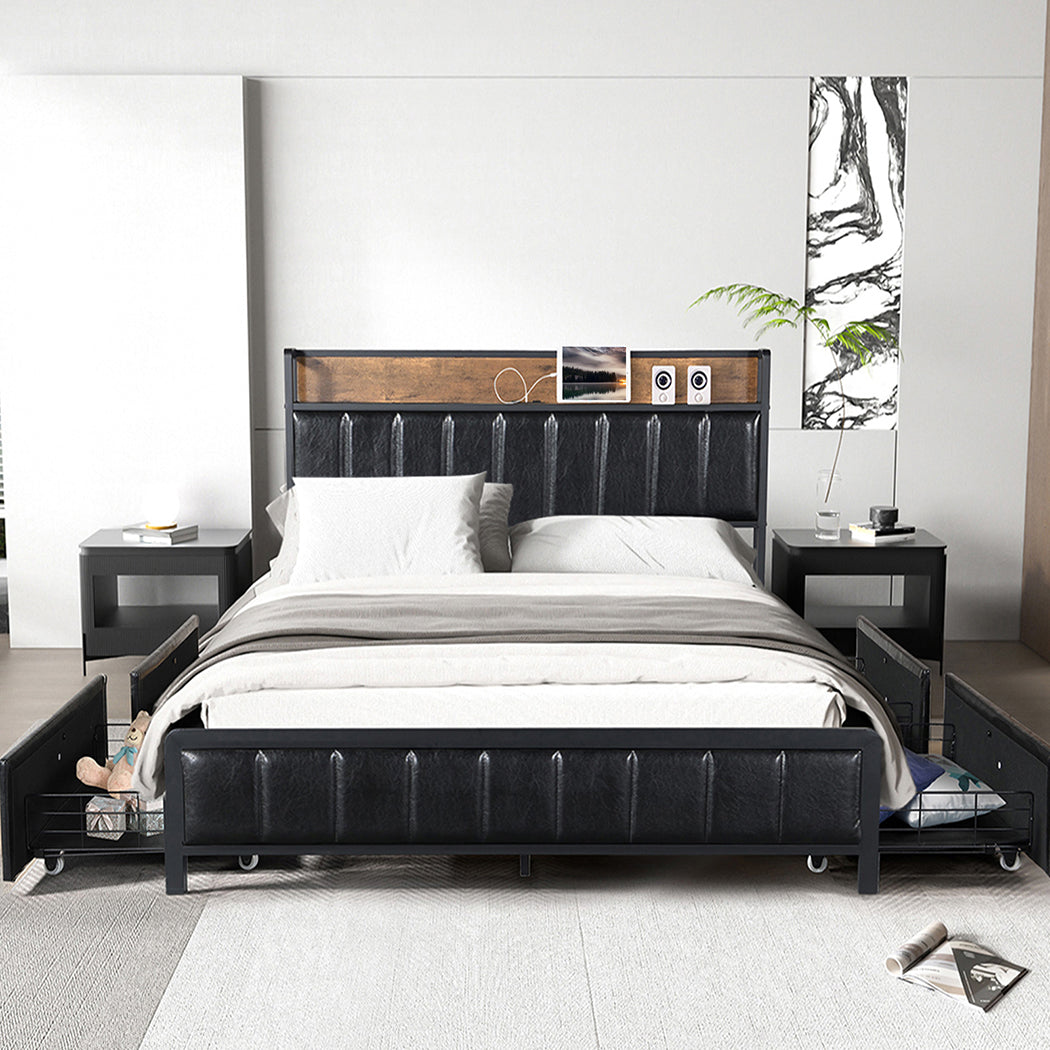Levede Double Bed Frame PU Mattress Base Storage Drawer Headboard USB Charge-2100034935908864006