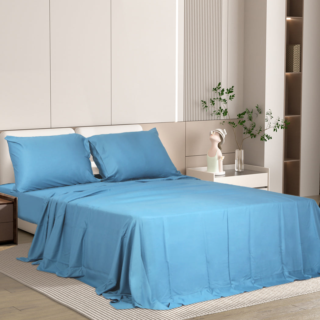 Dreamz 4pcs Double Size 100% Bamboo Bed Sheet Set in Blue Colour-1864183183050936326