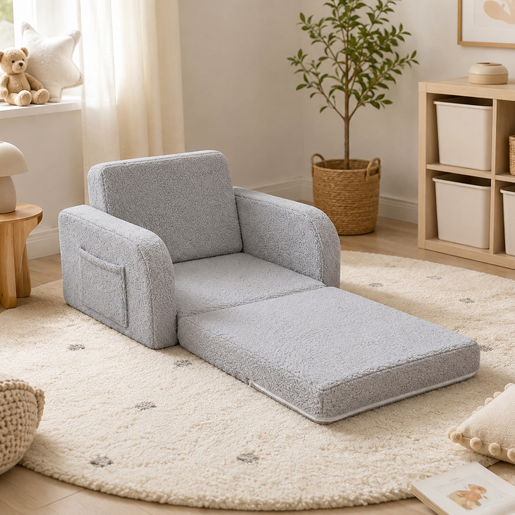 BoPeep Kids Sofa 3-In-1 Fold Out Toddler Chair Teddy Plush for Napping Gray-2109799595457056775