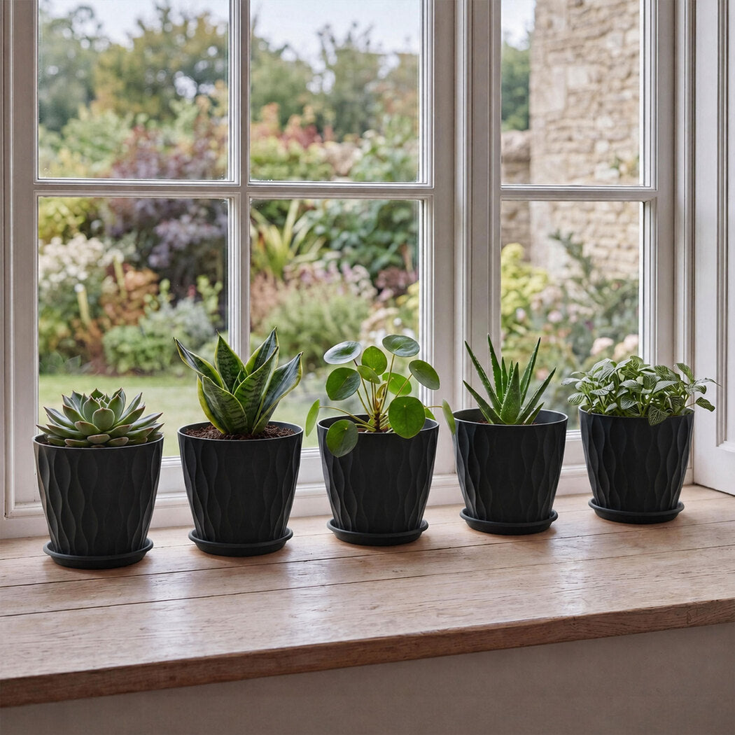 Toque Plant Pots 5 Pcs 8 Inchs Plastic Planter Pots with Drainage Saucers Black-2072893580812357638