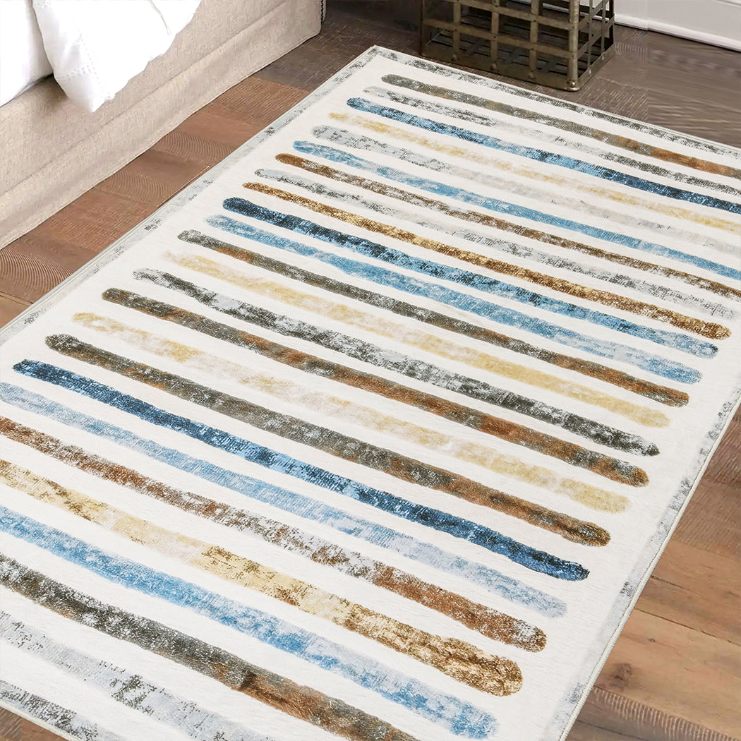 Marlow Floor Rug Short Pile Washable Carpet Soft Plush Non Slip Stripe 80x120-1937319789076811782