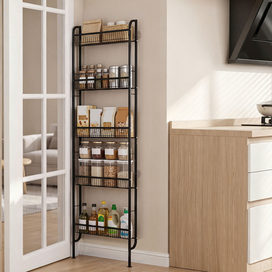 Levede Slim Storage Rack Kitchen Organiser Wall Mounted Metal Shelf Black-2072893555600396294