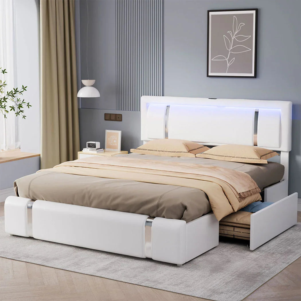 Levede Queen Bed Frame With Adjustable Headboard White-2006732897008095238