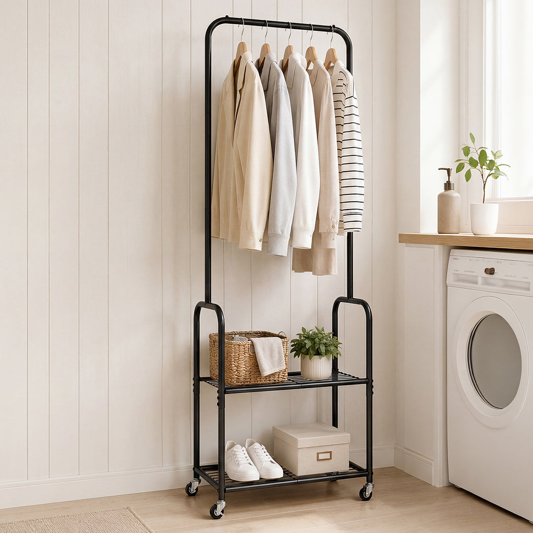 Levede Clothes Rack Heavy Duty Garment Rack 2 Shelf Locking Wheels Bedroom Black-2100034940497432582