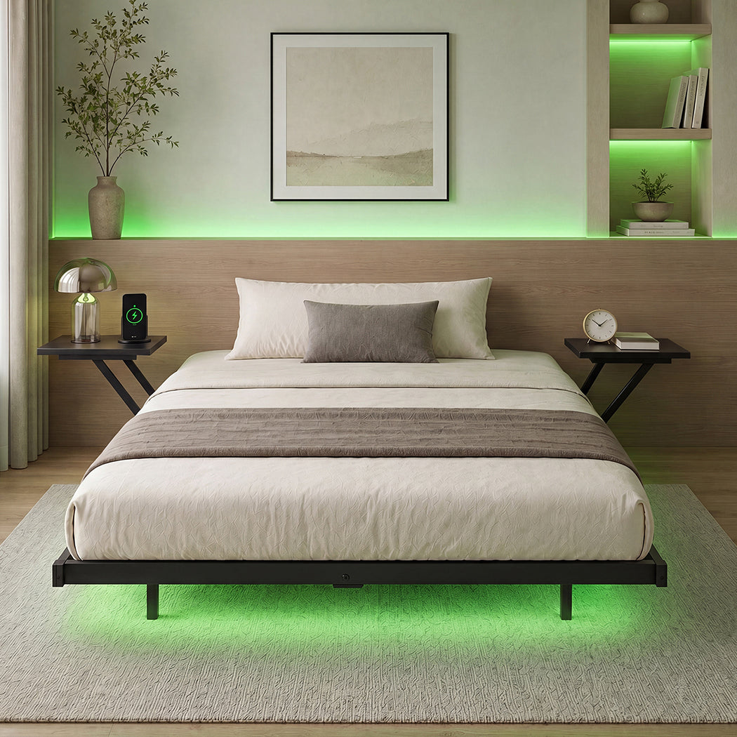 Levede Double Bed Frame Floating Frame with Storage Shelves RGB Lights Black-2072893552320450566