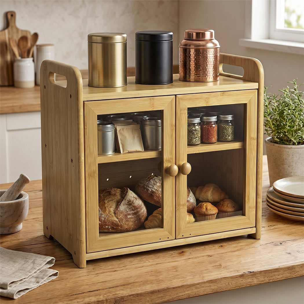 Toque Bread Bin 2 Tier Bamboo Bread Box Kitchen Counter Storage Container 20L-2072893581785436166