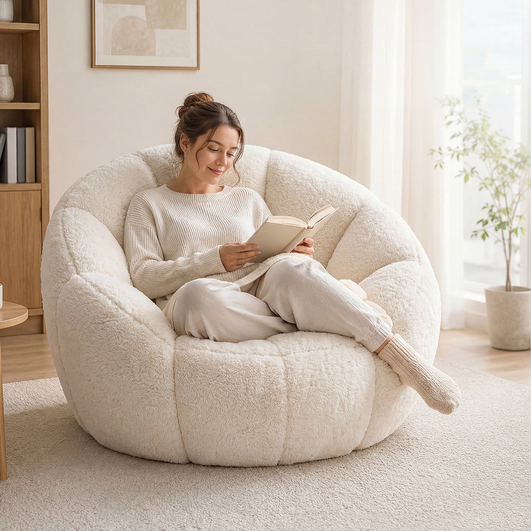 Levede Bean Bag Chair Faux Rabbit Fur Floral Shaped Reading Sofa Chair White-2109799585143263232