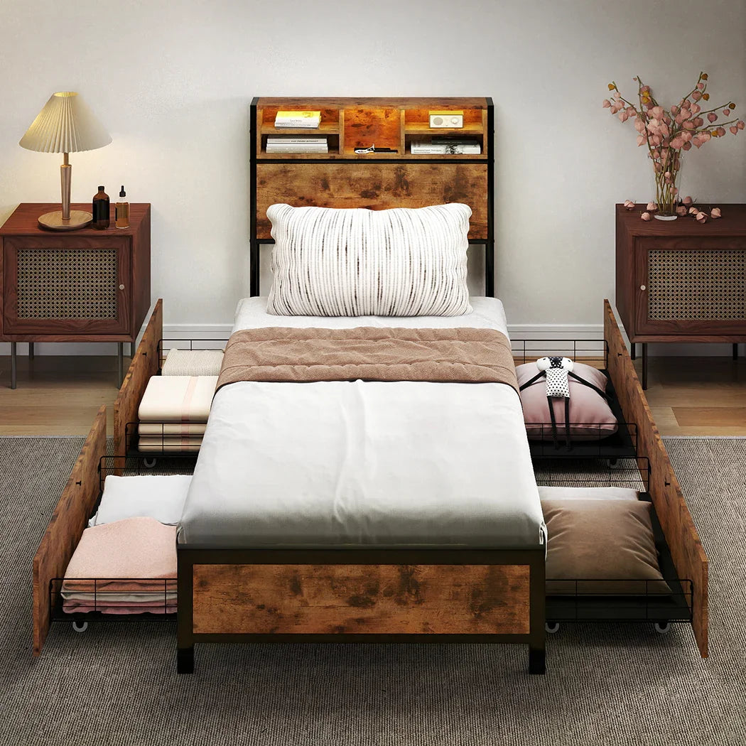 Levede Single Bed Frame Industrial Storage LED Charing-2050056748655579142