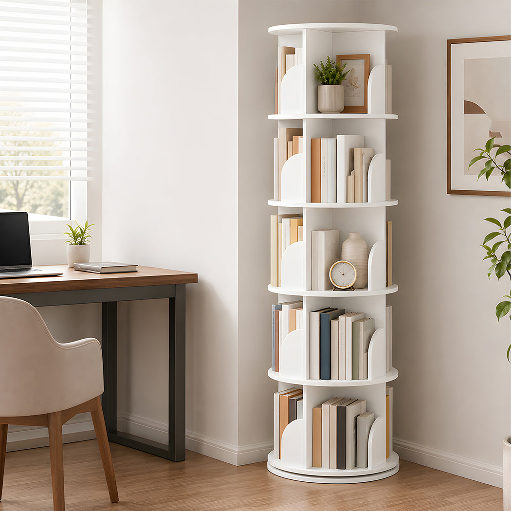 Levede Rotating Bookshelf 5 Tier Book Storage Space Saving Round Tower White-2109799589173989383