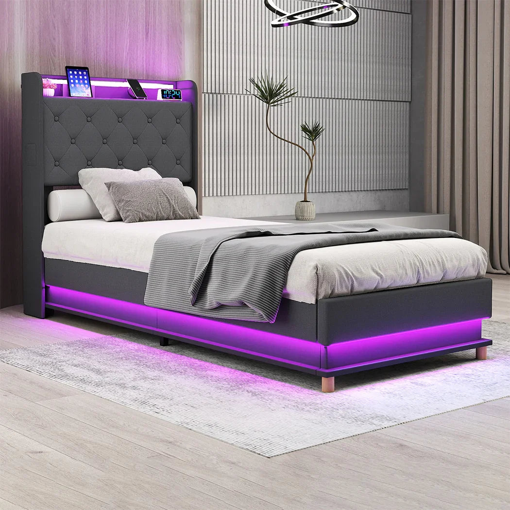 Levede Single Bed Frame Gas Lift Storage LED Light USB-2006733381777362950