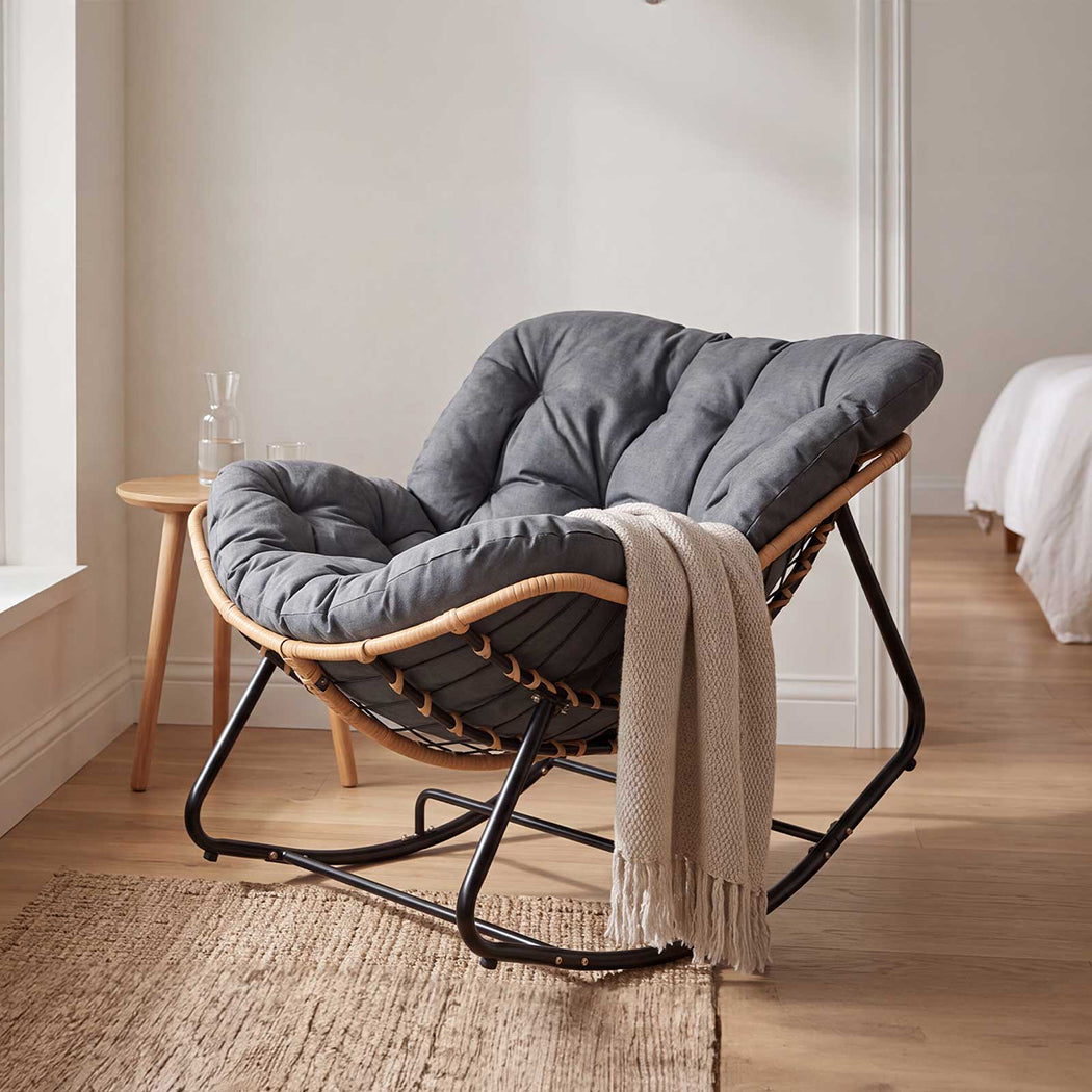 Levede Rocking Chair with Thick Cushion PE Rattan Silent Strip Indoor Patio Grey-2100034939763429382