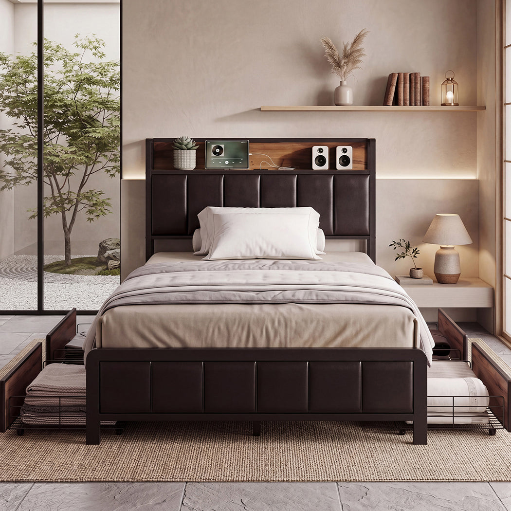Levede Single Bed Frame PU Mattress Base Storage Drawer Headboard USB Charge-2100034936290545670
