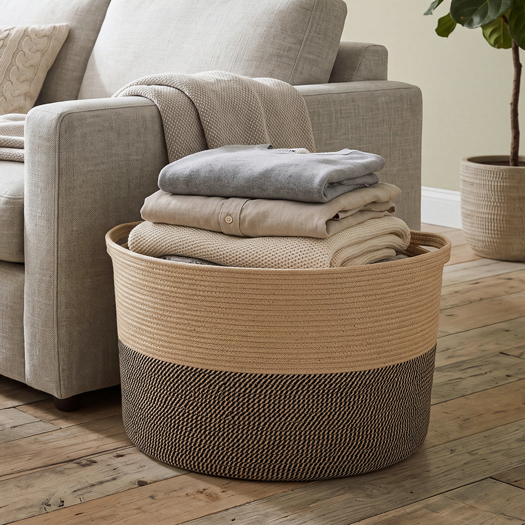 Levede Blanket Basket Large Cotton Rope Jute with Handles Foldable Home Yellow-2100035023964082182